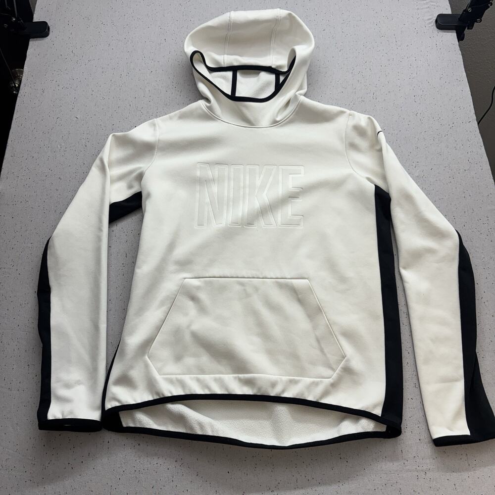 Nike Therma-Fit Womens Large Hoodie Pullover White Black Scuba Neck Spell Out L
